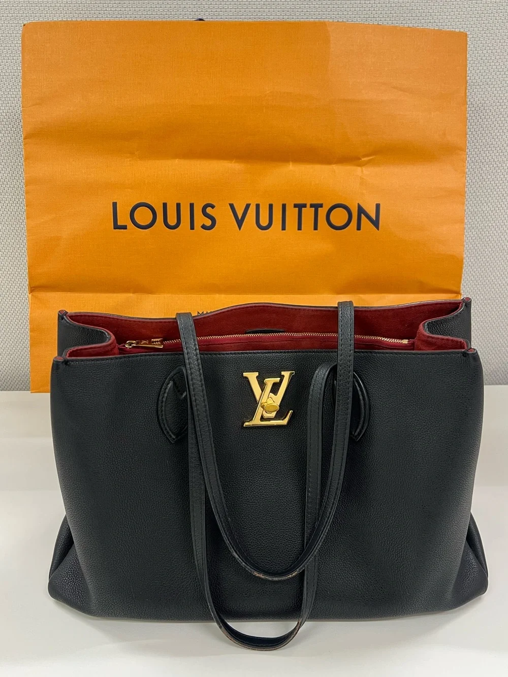 Louis Vuitton Black Leather LV Logo Lock me Shopper Tote Bag